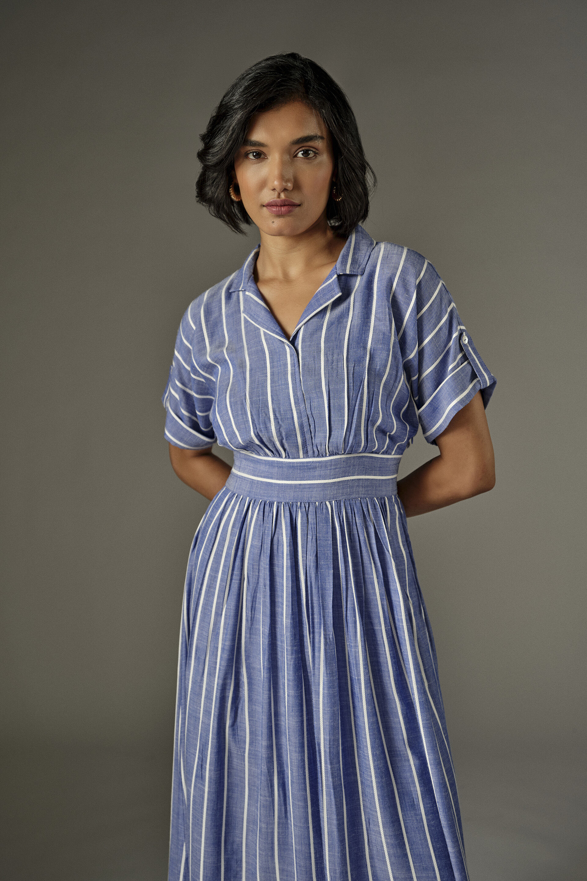 Fit & Flare Striped Midi Dress in Blue, Blue, image 2